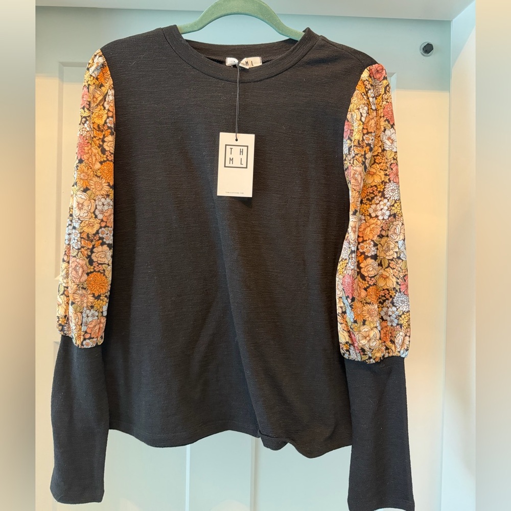 THML Black Top with Floral Puff Sleeve Detail